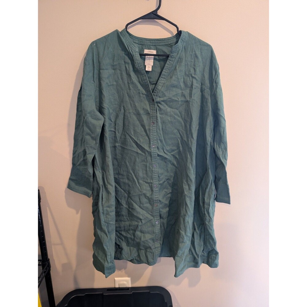 Joie med Linen Button Front Shirt Dress Tunic Pockets Green Lagenlook Minimalist